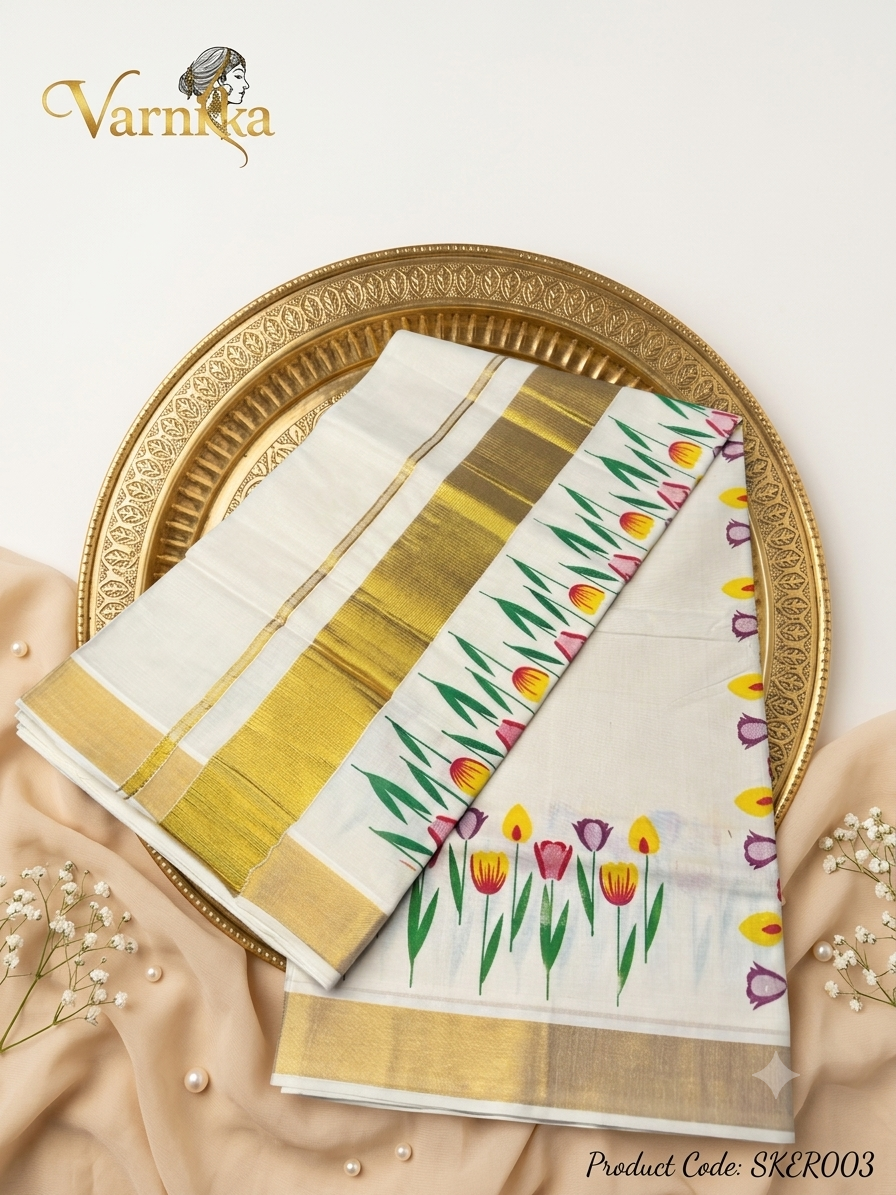 ⁠SKER003 - The Tulip Breeze Kasavu Saree
