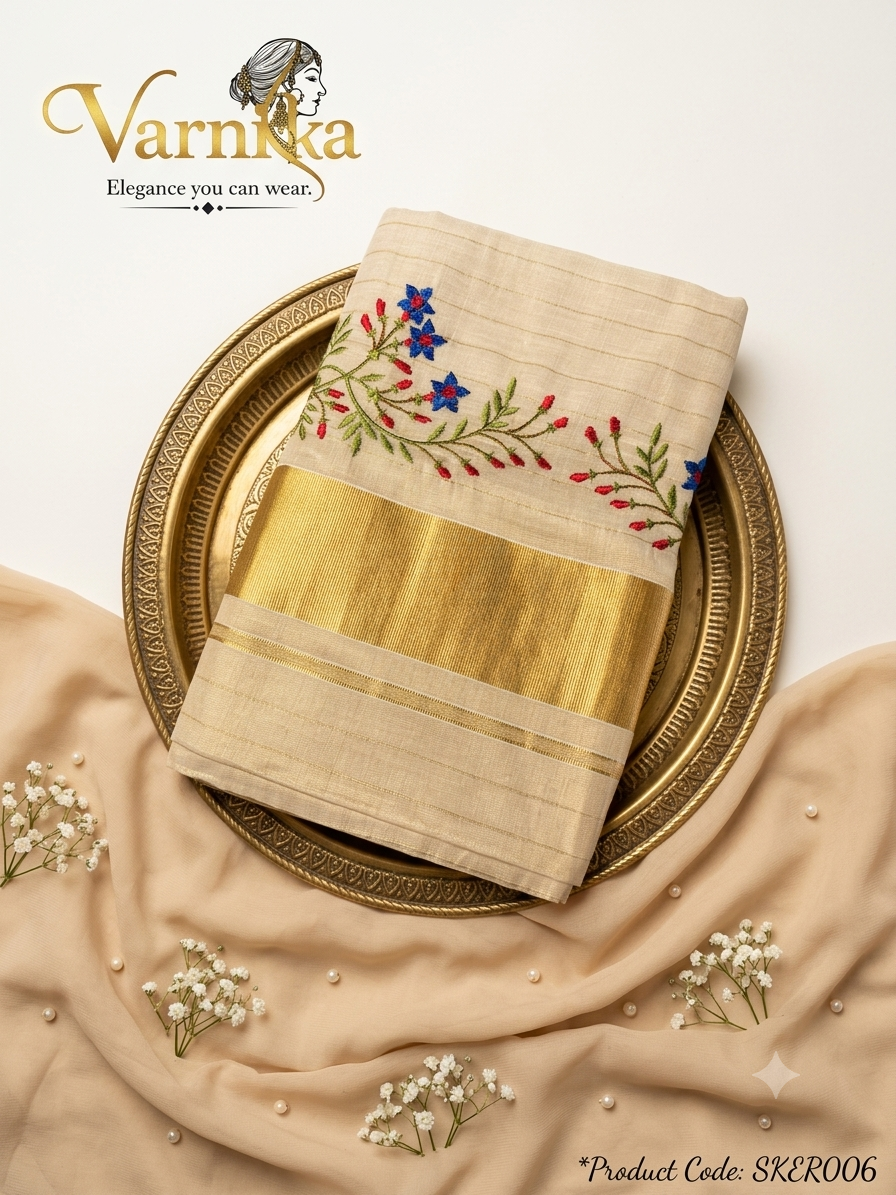 ⁠SKER006 - Mayura Floral Kasavu Saree
