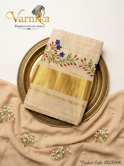 ⁠SKER006 - Mayura Floral Kasavu Saree