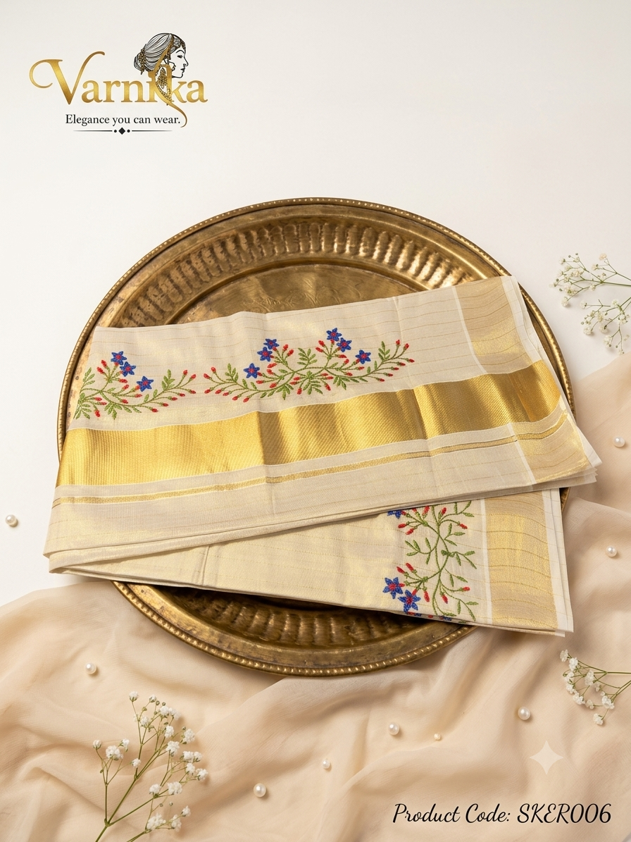 ⁠SKER006 - Mayura Floral Kasavu Saree