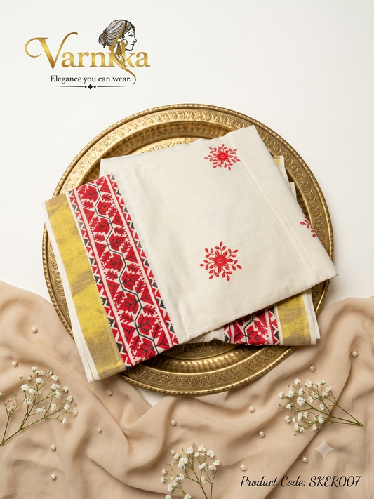 SKER007 - Aarna Red Floral Powerloom Kerala Set Saree