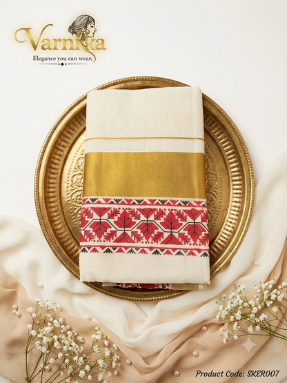 SKER007 - Aarna Red Floral Powerloom Kerala Set Saree