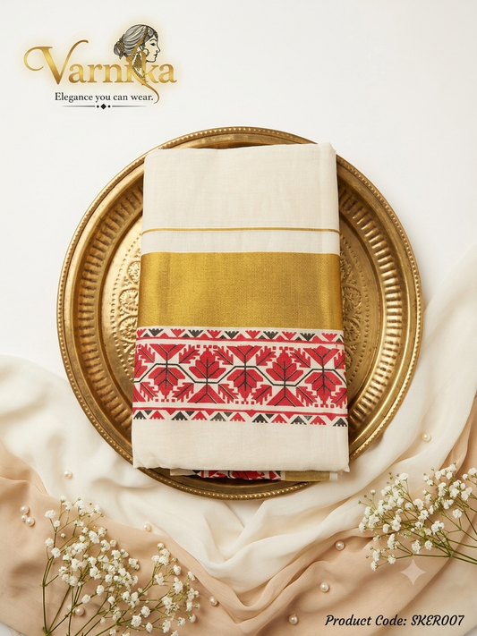 SKER007 - Aarna Red Floral Powerloom Kerala Set Saree