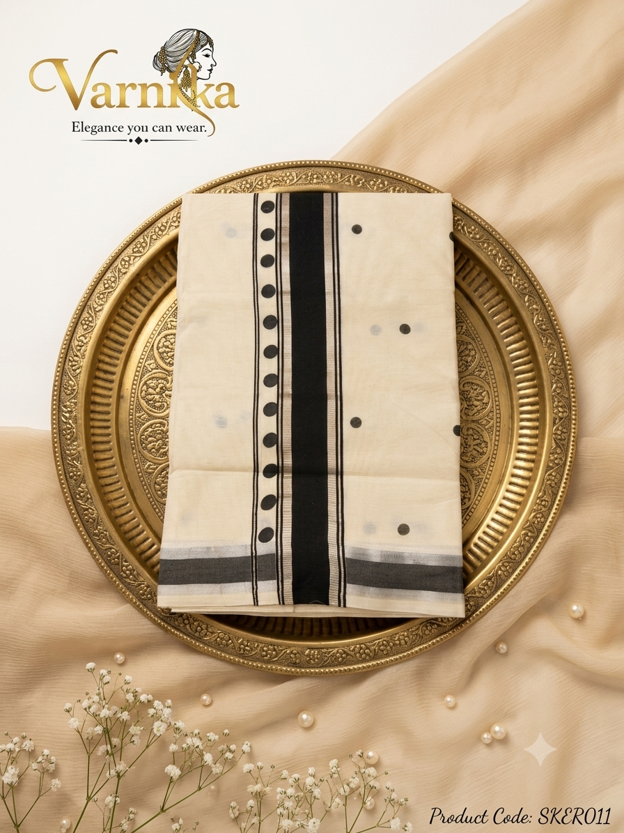 SKER011 - Aadhira Black & Silver Border Kerala Set Saree
