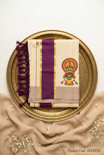 SKER015 - Kathakali Print Kerala Tissue Saree with Purple Border