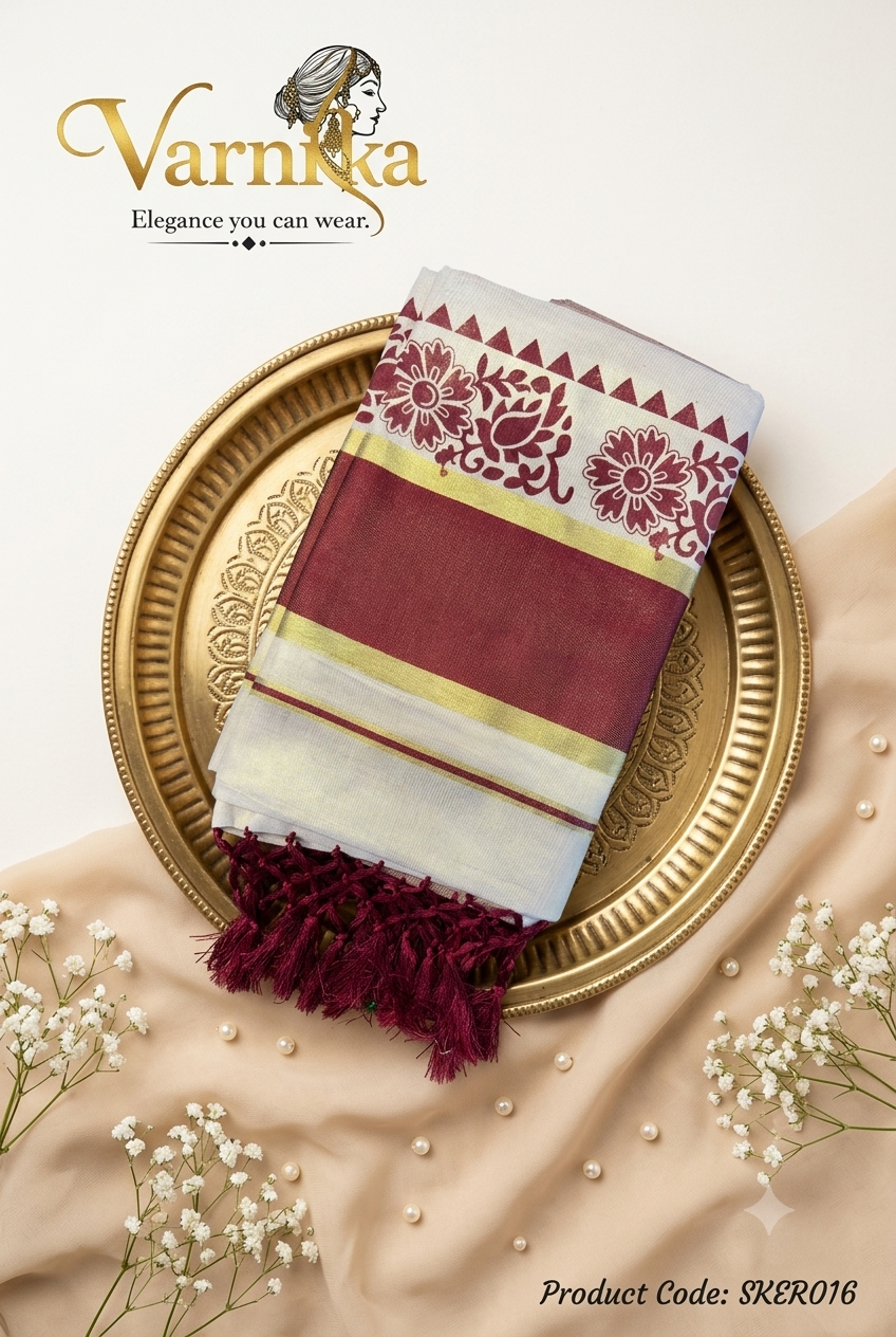 SKER016 - Maroon & Gold Printed Kerala Tissue Saree with Hand-Tied Tassels