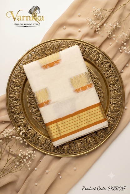 SKER017 - Golden Lotus Motif Kerala Pure Cotton Saree