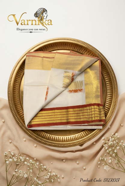 SKER017 - Golden Lotus Motif Kerala Pure Cotton Saree