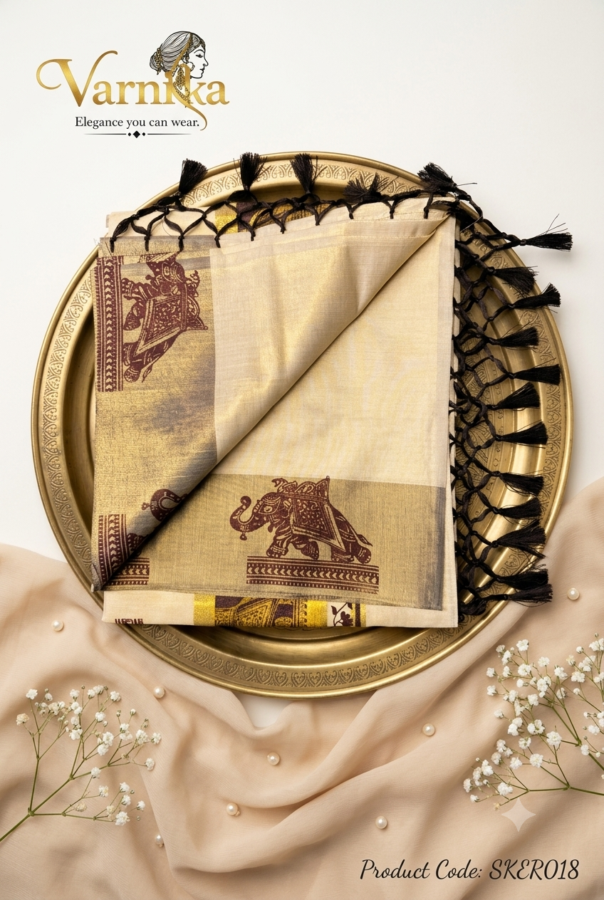 SKER018 - Golden Kerala Tissue Saree with Royal Elephant Motifs & Tassels