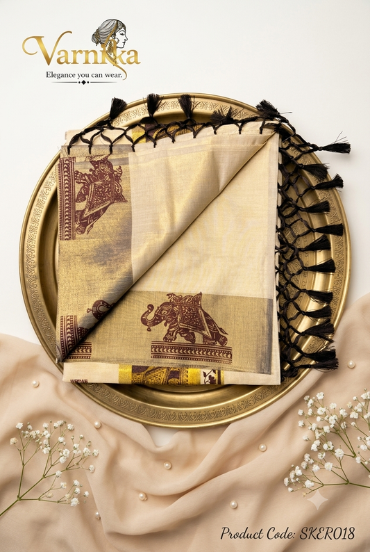 SKER018 - Golden Kerala Tissue Saree with Royal Elephant Motifs & Tassels