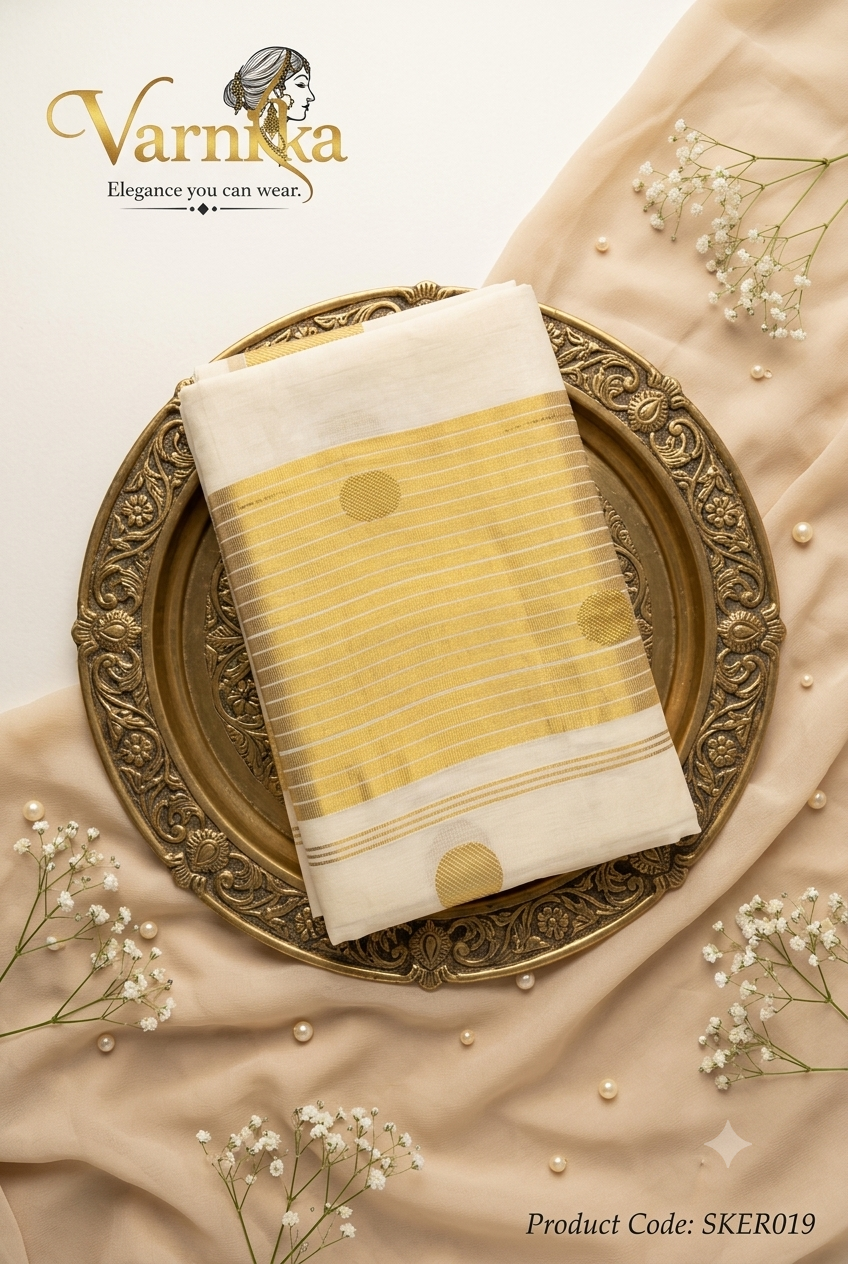 SKER019 - Kasavu Kerala Saree with Golden Circular & Floral Weaves