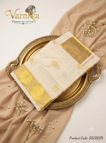 SKER019 - Kasavu Kerala Saree with Golden Circular & Floral Weaves