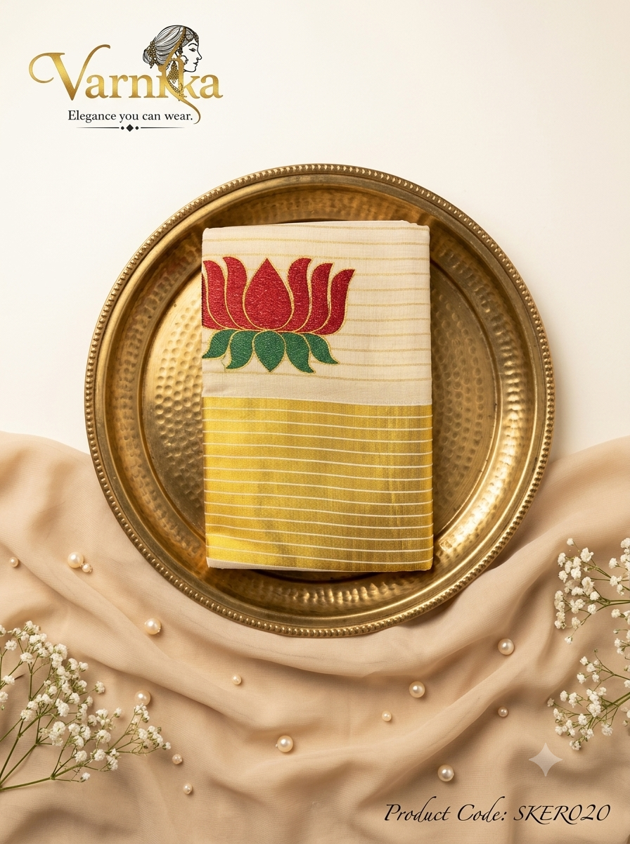 SKER020 - Red Lotus Embroidered Kerala Tissue Saree