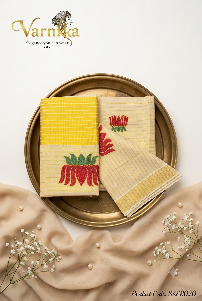 SKER020 - Red Lotus Embroidered Kerala Tissue Saree
