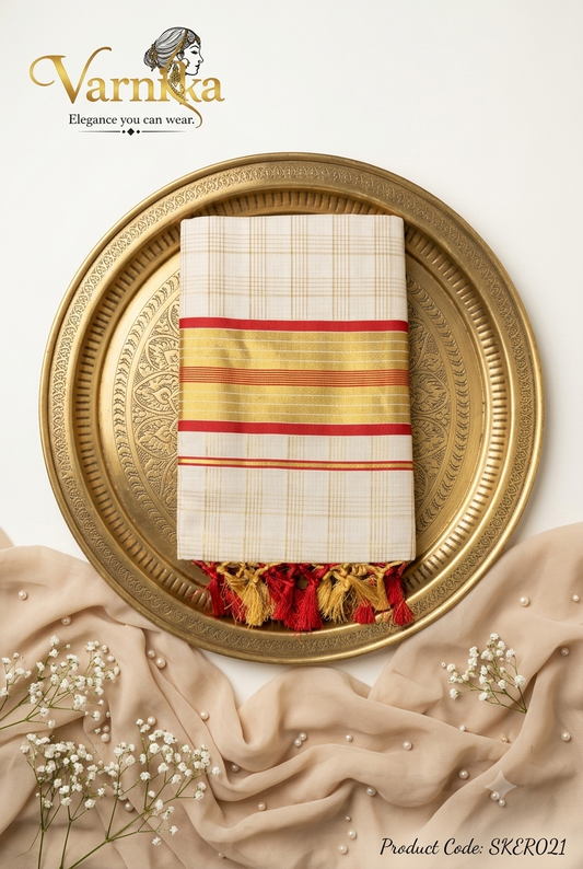 SKER021 - Traditional Kerala Kasavu Cotton Saree with Red Temple Motif & Gold Checks