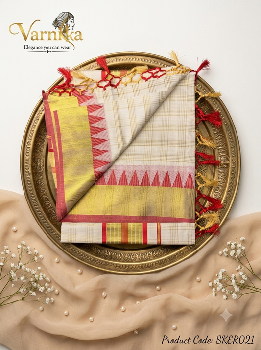 SKER021 - Traditional Kerala Kasavu Cotton Saree with Red Temple Motif & Gold Checks