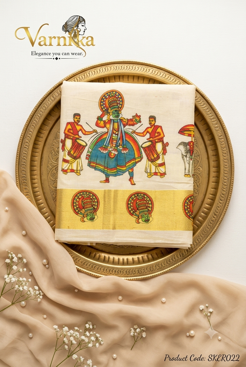 SKER022 - Kathakali & Thrissur Pooram Printed Kerala Tissue Saree