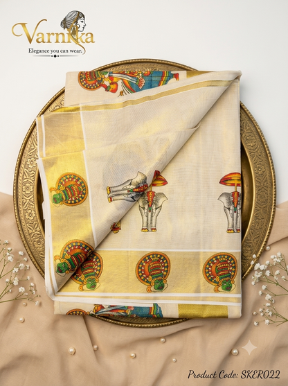 SKER022 - Kathakali & Thrissur Pooram Printed Kerala Tissue Saree