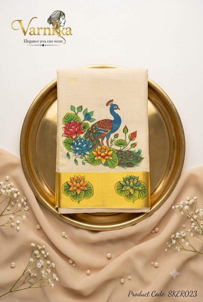 SKER023 - Peacock & Water Lily Printed Kerala Tissue Saree