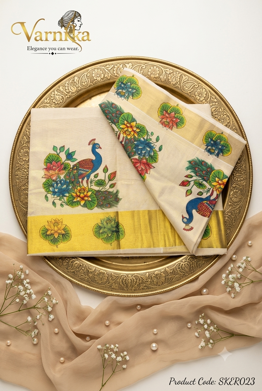 SKER023 - Peacock & Water Lily Printed Kerala Tissue Saree