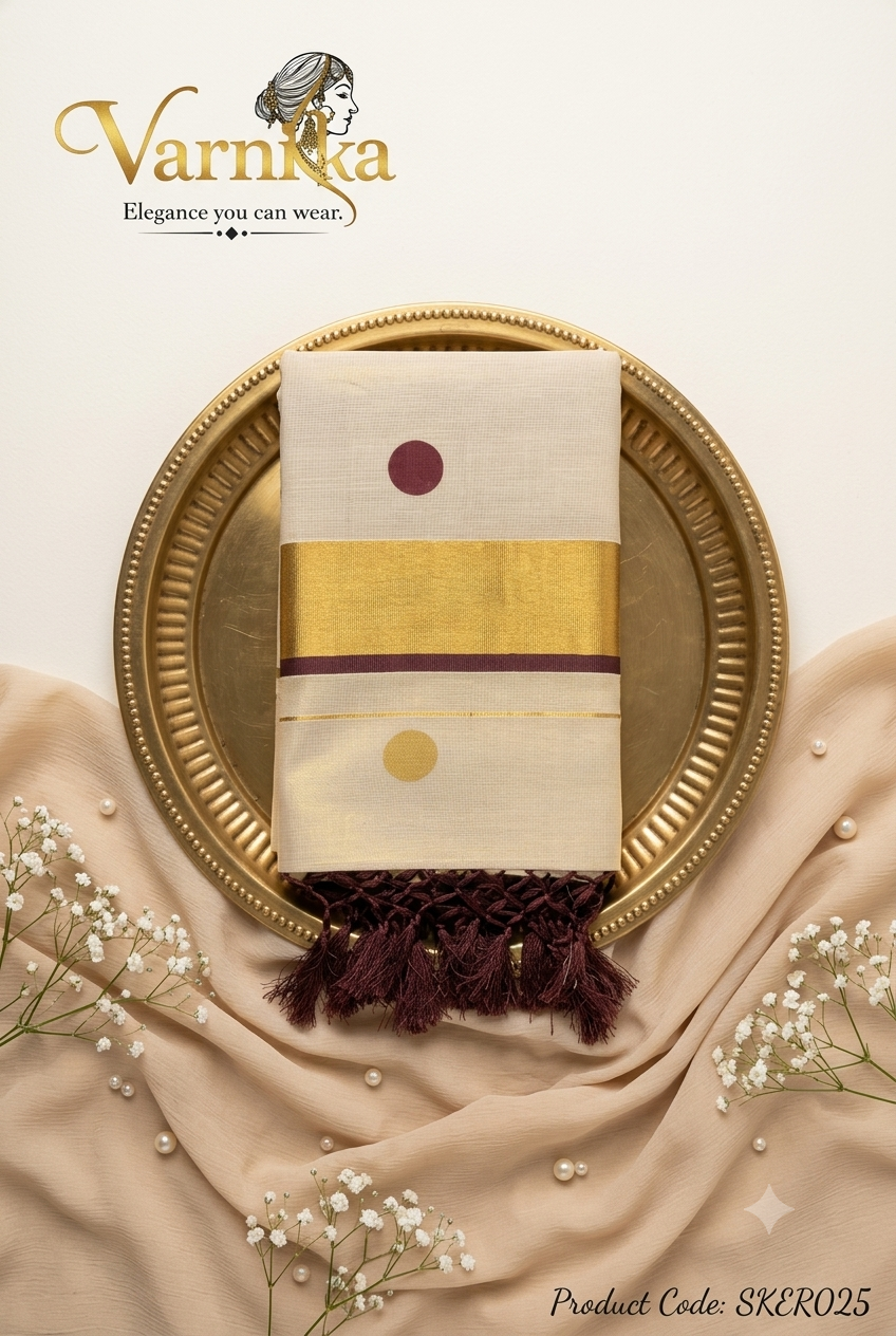 SKER025 - Golden Eclipse Kerala Tissue Saree with Maroon Accents & Knotted Tassels