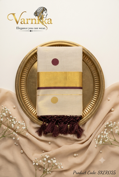 SKER025 - Golden Eclipse Kerala Tissue Saree with Maroon Accents & Knotted Tassels