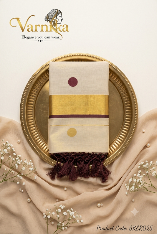 SKER025 - Golden Eclipse Kerala Tissue Saree with Maroon Accents & Knotted Tassels