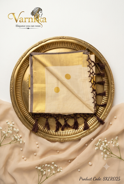 SKER025 - Golden Eclipse Kerala Tissue Saree with Maroon Accents & Knotted Tassels