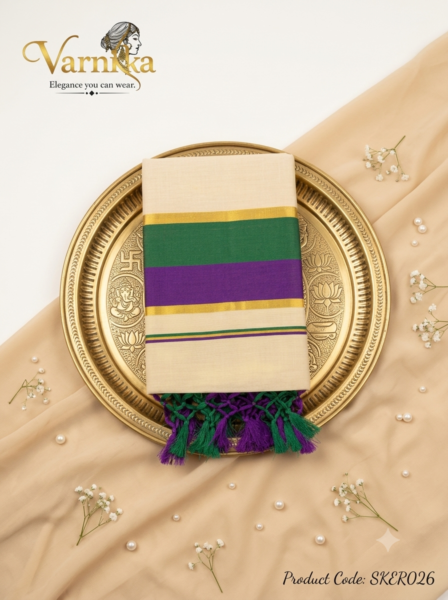 SKER026 - Kerala Tissue Kasavu Saree with Emerald & Royal Purple Dual-Tone Border