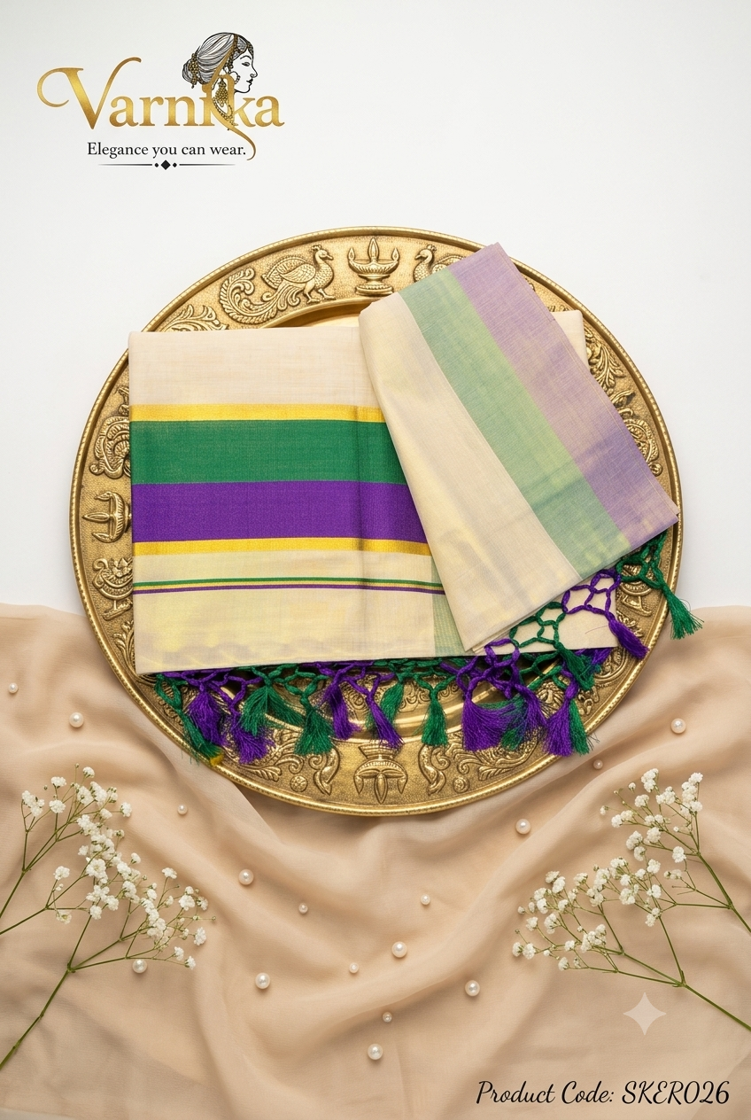 SKER026 - Kerala Tissue Kasavu Saree with Emerald & Royal Purple Dual-Tone Border