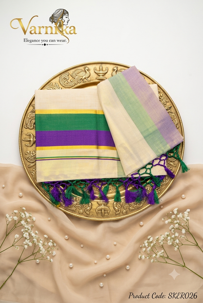 SKER026 - Kerala Tissue Kasavu Saree with Emerald & Royal Purple Dual-Tone Border
