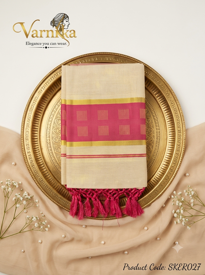 SKER027 - Magenta Border Kerala Tissue Cotton Saree with Hand-Tied Tassels