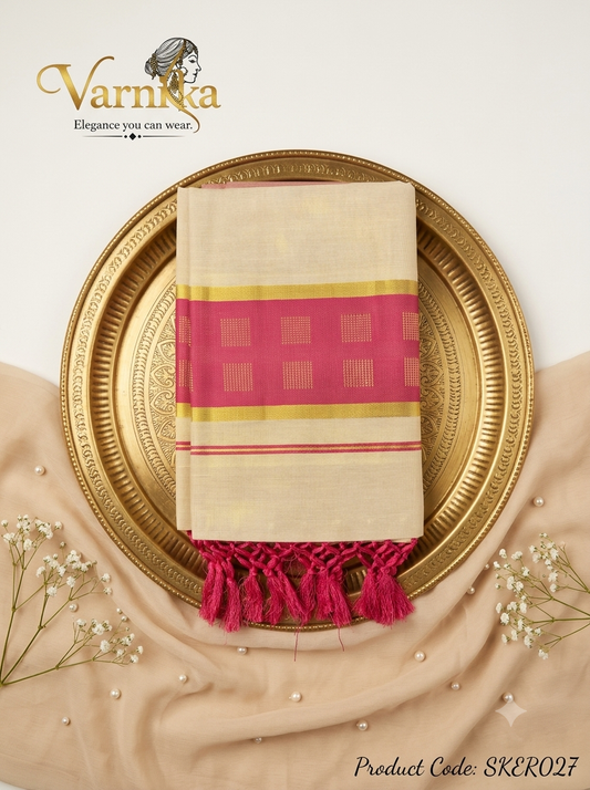SKER027 - Magenta Border Kerala Tissue Cotton Saree with Hand-Tied Tassels