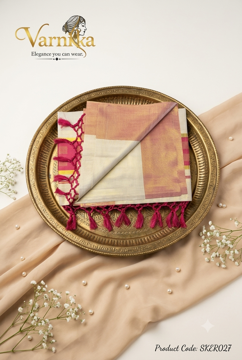 SKER027 - Magenta Border Kerala Tissue Cotton Saree with Hand-Tied Tassels