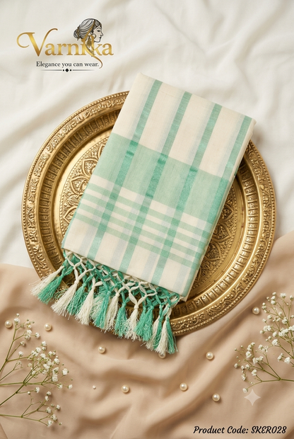 SKER028 - Mint Green Metallic Stripe Kerala Tissue Cotton Saree