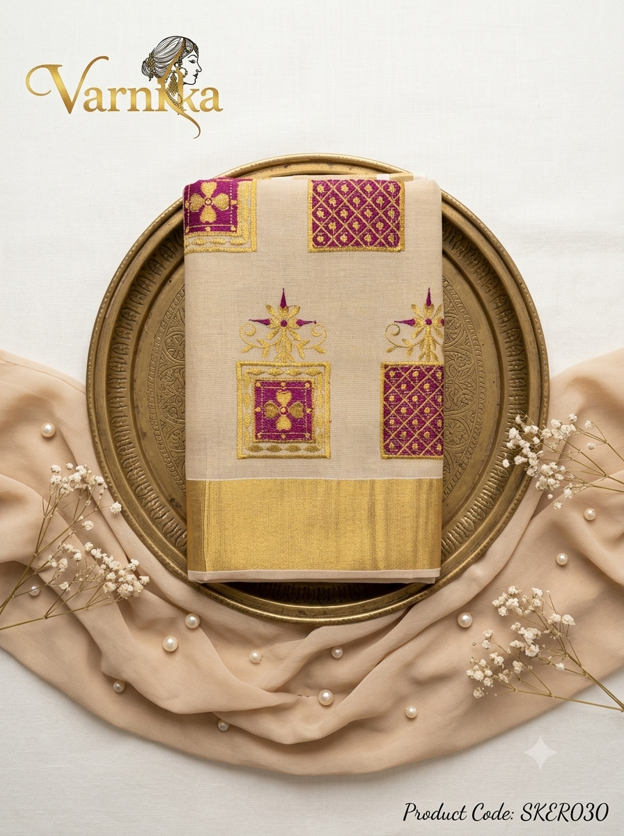 SKER030 - Magenta & Gold Embroidered Kerala Tissue Saree with Kasavu Border