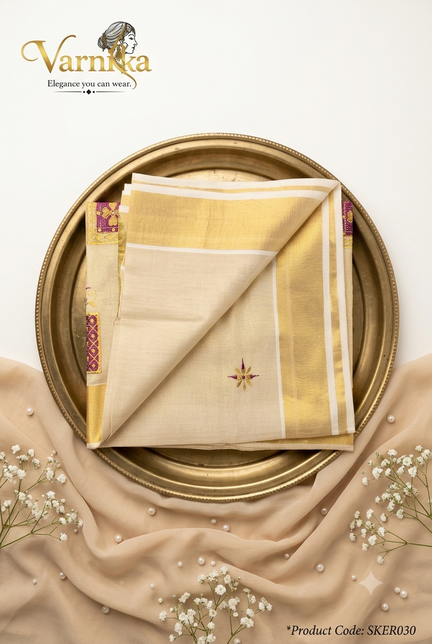 SKER030 - Magenta & Gold Embroidered Kerala Tissue Saree with Kasavu Border