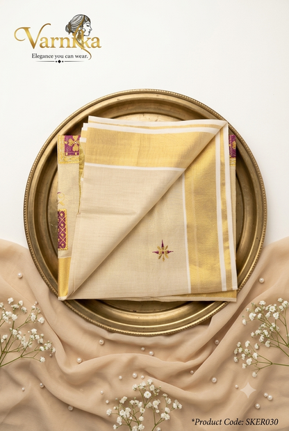 SKER030 - Magenta & Gold Embroidered Kerala Tissue Saree with Kasavu Border