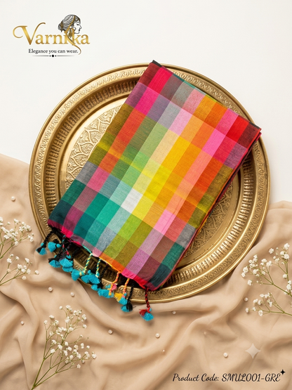 SMUL001 - The Rangoli Check – Multicolor Mul Mul Cotton Saree