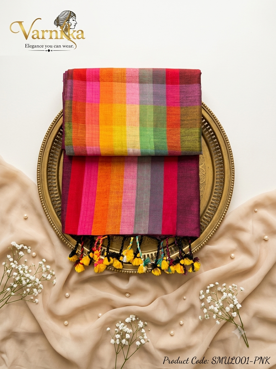 SMUL001 - The Rangoli Check – Multicolor Mul Mul Cotton Saree