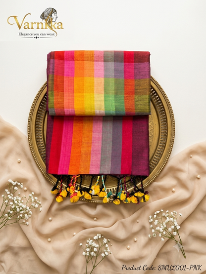 SMUL001 - The Rangoli Check – Multicolor Mul Mul Cotton Saree