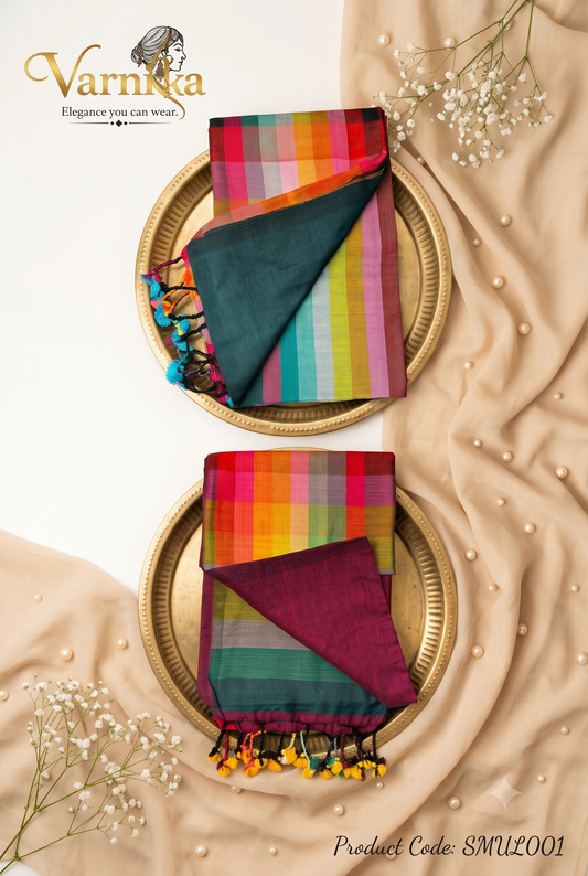 SMUL001 - The Rangoli Check – Multicolor Mul Mul Cotton Saree
