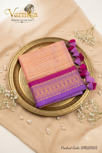 SMUL002 - Sunset Gold & Lavender Striped Mul Cotton Saree