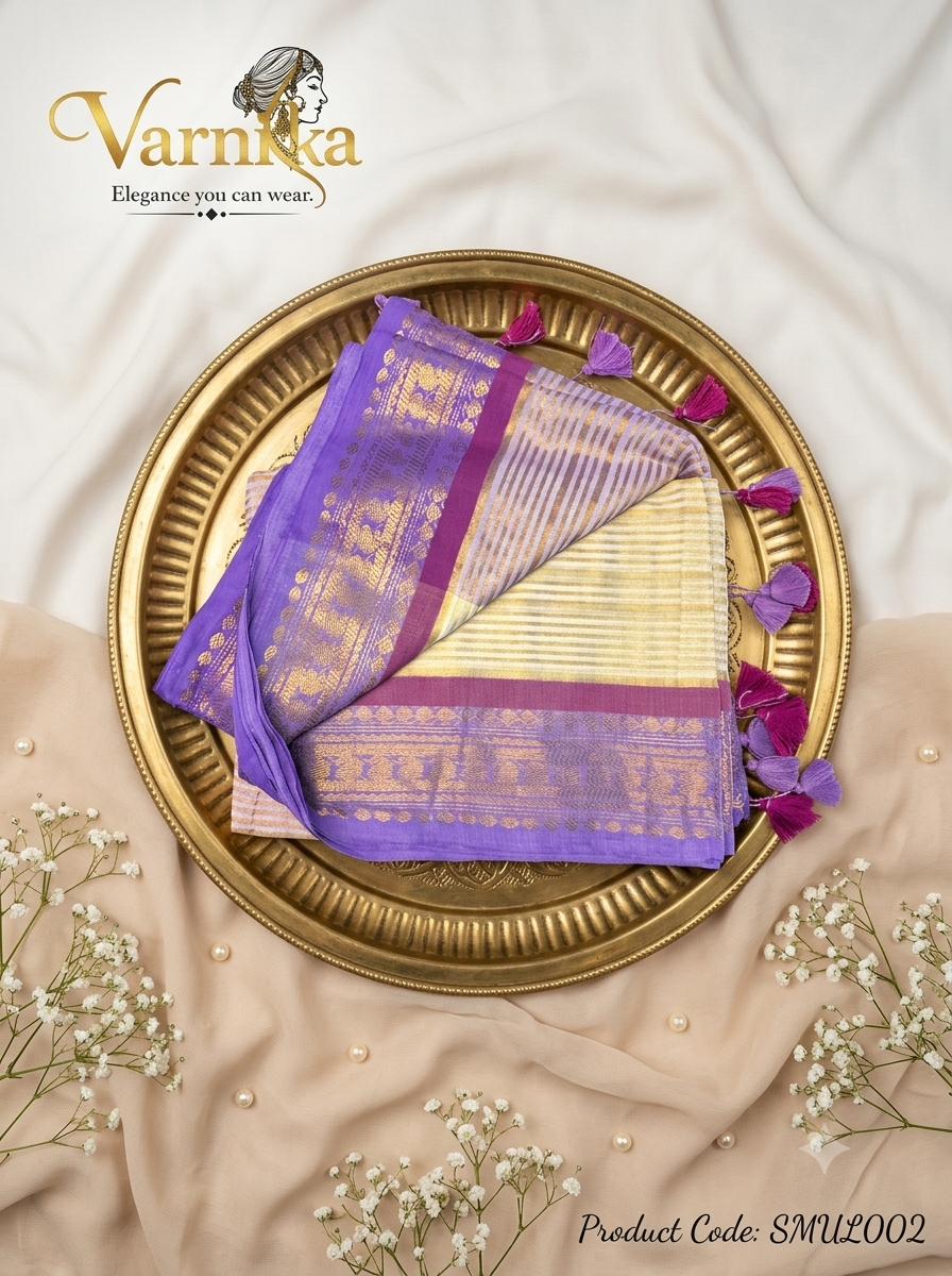 SMUL002 - Sunset Gold & Lavender Striped Mul Cotton Saree