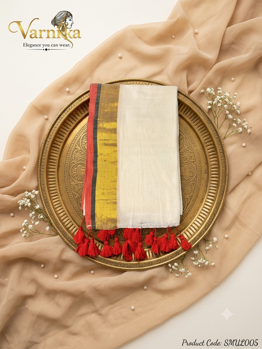 SMUL005 - Ivory & Crimson Heritage Mul Cotton Saree