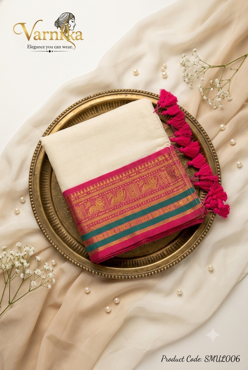 SMUL006 - Ivory Mul Cotton Saree with Rani Pink Zari Border & Tassels