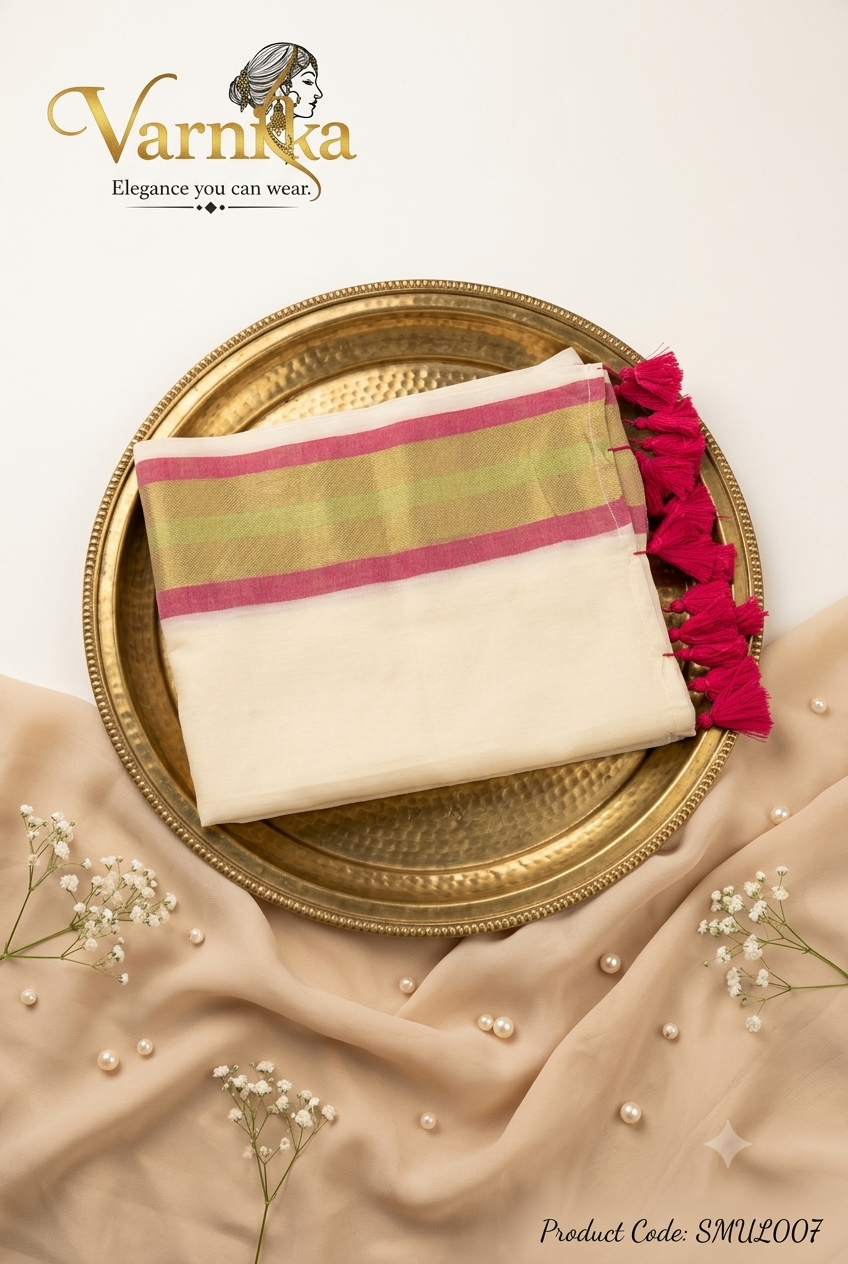 SMUL007 - Ivory & Magenta Gold Zari Mul Cotton Saree