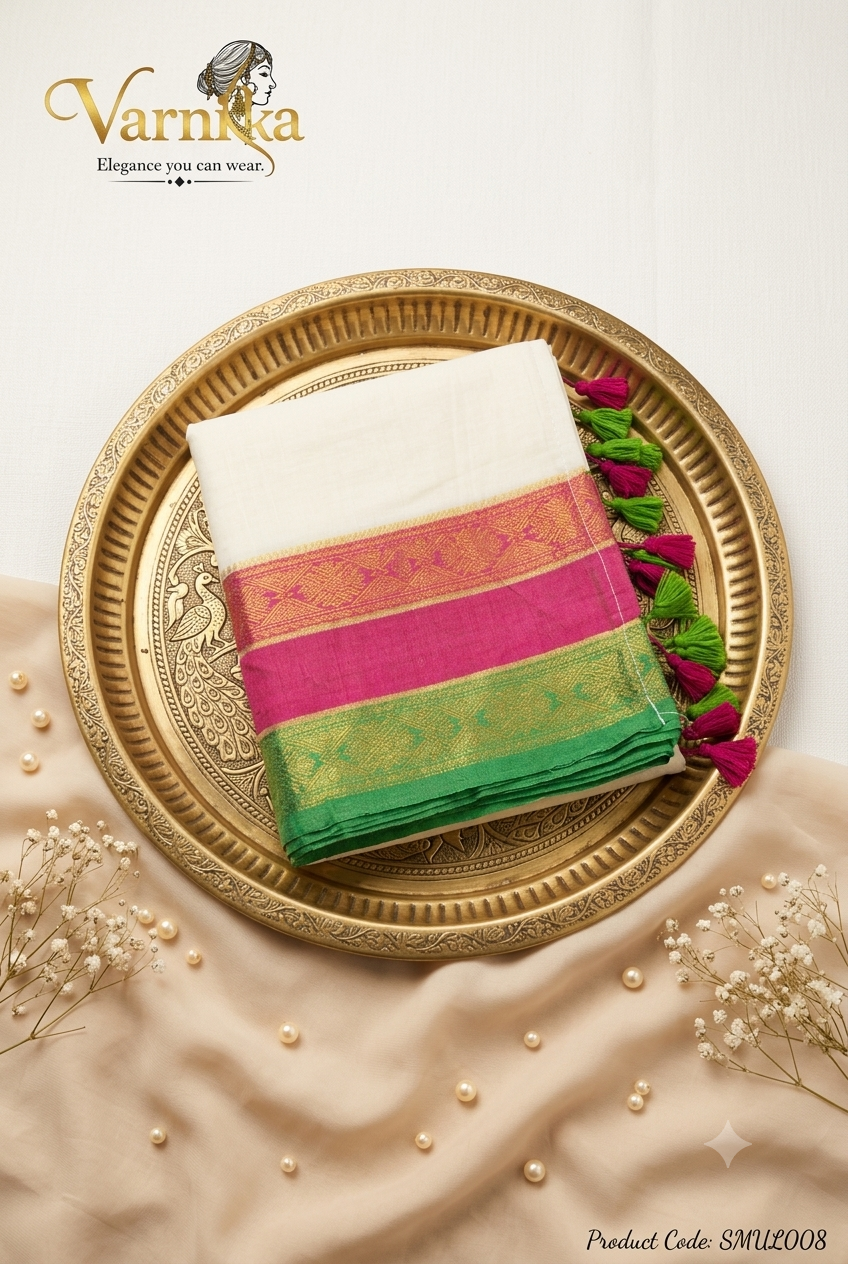 SMUL008 - Off-White Mul Cotton Saree with Zari Border & Contrast Tassels