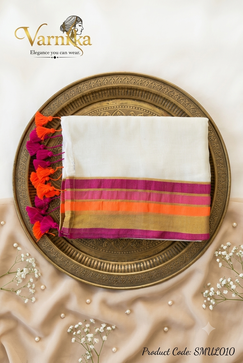 SMUL010 - Crimson & Amber Zari Mul Cotton Saree with Tassels
