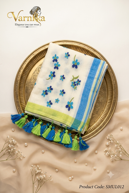 SMUL012 - Neel & Lime Floral Hand-Embroidered Mul Cotton Saree